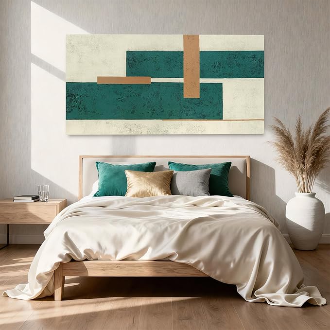 YETHEN WAL Teal Geometric Abstract Canvas Wall Art, 20×40 in Horizontal – Gallery Wrapped, Green & Beige Minimalist Artwork for Living Room, Bedroom, Office