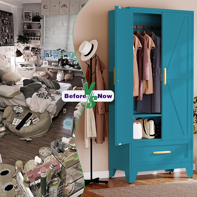 71" Tall Metal Armoire Wardrobe Closet with Removable Hanging Rod and Doors,Blue Armoire Wardrobe Cabinet for Garage Laundry Room Office