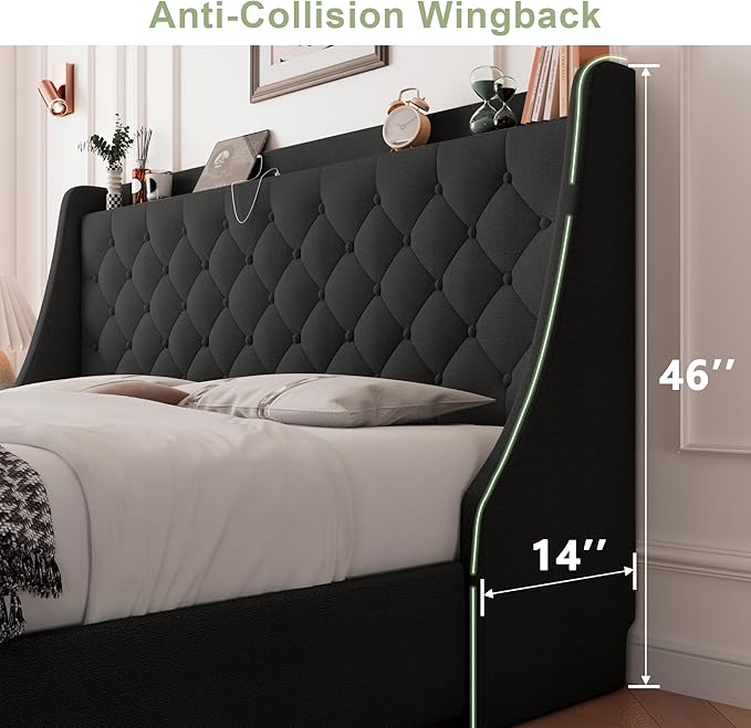 Feonase Upholstered King Size Bed Frame with 4 Storage Drawers, Large Wingback Headboard, No Box Spring Needed, Black