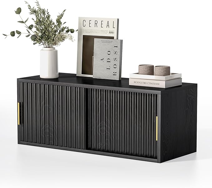 Large Floating TV Stands Set of 2, Modern Fluted Nightstands Wall Mounted Bedside Table Storage Cabinet with Sliding Doors for Living Room, Bedroom Black