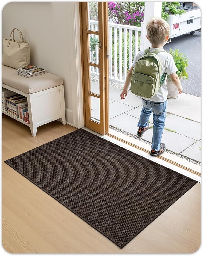 Color&Geometry Ultra-Thin Indoor Door Mat, 36"x56" Low-Profile Non-Slip Entryway Rug with Modern Geometric Texture, Washable Doormat for Indoor Entrance, Front Door, Brown (Rolled-up NO Creases)