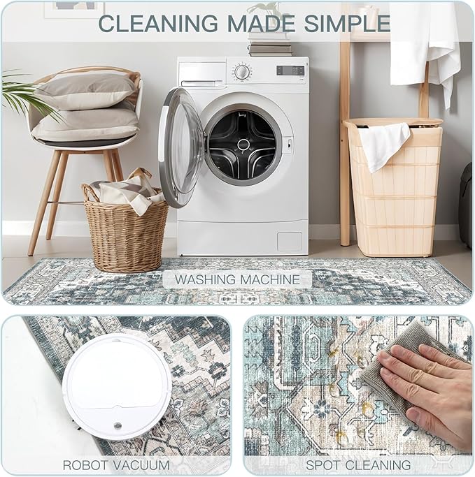 6x9 Vintage Washable Area Rug for Living Room,Low Pile Non Slip Carpet Non-Shedding Area Rug Soft Indoor Stain Resistant Rug Boho Print Mat for Bedroom Dining Room Blue Beige Multi