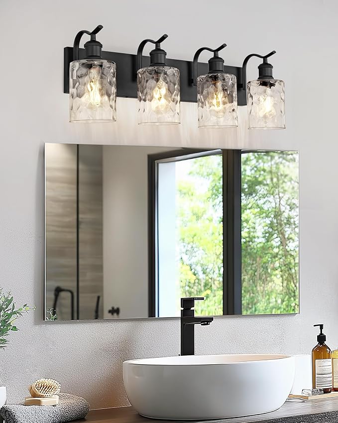 Bathroom Vanity Light Fixtures 4-Light Hammered Glass Modern Wall Mounted Over Mirror Black - VL01BKH-4