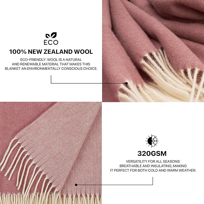| Wool Blanket/Throw | 100% New Zealand Wool | Perfect for Home and Outdoors | Virgin Wool Throw with Fringes 75"x87" (190 x 220 cm)