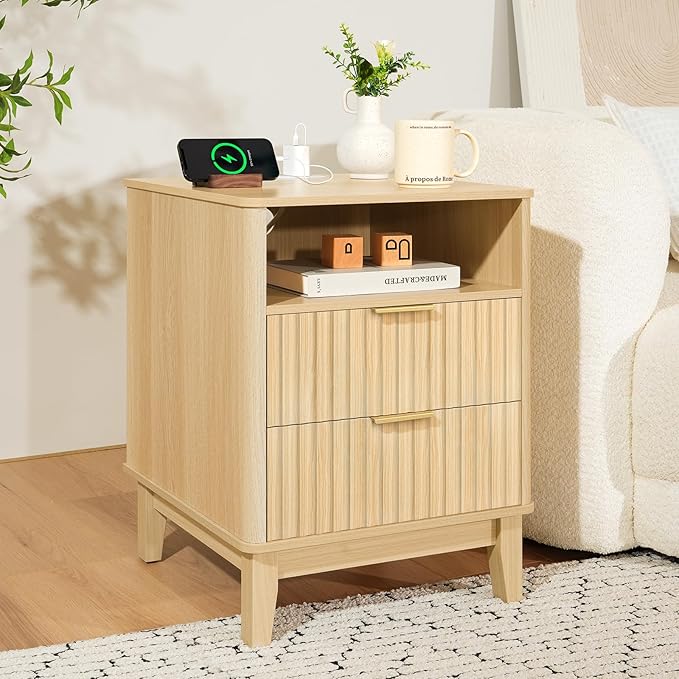Night Stand Set of 2 with Charger Station, Fluted Nightstand with Drawers and Storage Shelf, Mid Century Modern Bedside Table Nightstands, Large Bed Side Table Wood Night Stands for Bedroom