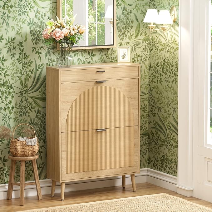Yechen Shoe Storage Cabinet with 2 Flip Drawers& 1 Small Drawer, Slim Entryway Shoe Organizer with Fluted Wavy Doors for Hallway,Natural Oak
