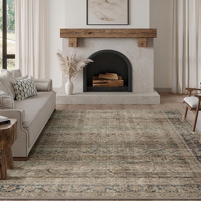 FMFUNCTEX 8x10 Washable Area Rug Brown Vintage Neutral Distressed Large Non Slip Carpet for Living Room Bedroom Soft Low Pile Indoor Mat Retro Throw Rug for Dining Room Kitchen Office Nursery, Multi