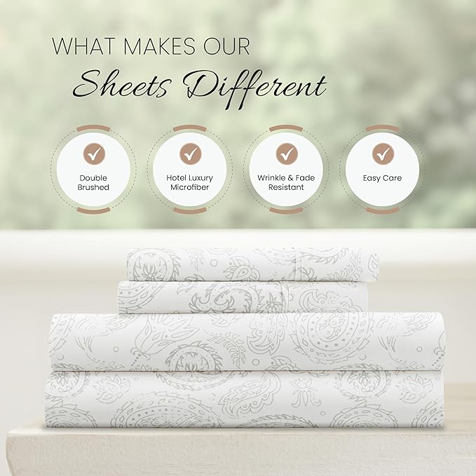 Linen Market 4 Piece King Sheet Set - Breathable, Double-Brushed Patterned Cooling Sheets – Oeko-TEX Certified Ultra Soft & Wrinkle-Free 16" Deep-Pocket King Sheets - Easy Care Coarse Paisley Gray