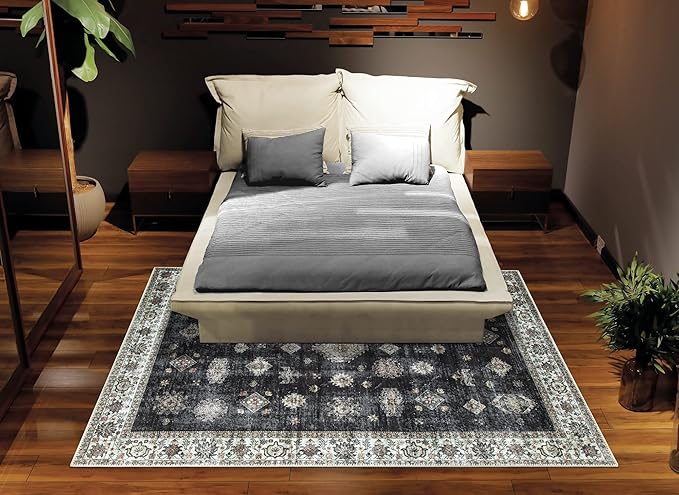 Bloom Rugs Washable Non-Slip 6' x 9' Rug - Black/Ivory Traditional Area Rug for Living Room, Bedroom, Dining Room, and Kitchen - Exact Size: 6' x 9'