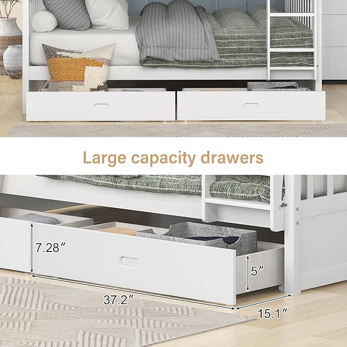 Merax Wood Bunk Bed with Drawers,Convertible Bunk Bed with Ladders and Two Storage Drawers,Solid Wood Detachable Bed Frame with Ladders,Full Over Full,White