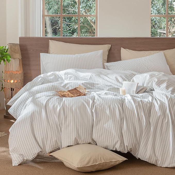 MooMee Striped Duvet Cover Set 100% Washed Cotton Linen Like Textured Breathable Durable Soft Comfy (White Cornflower Blue Wide Stripes, Oversized King Plus 128"x120")