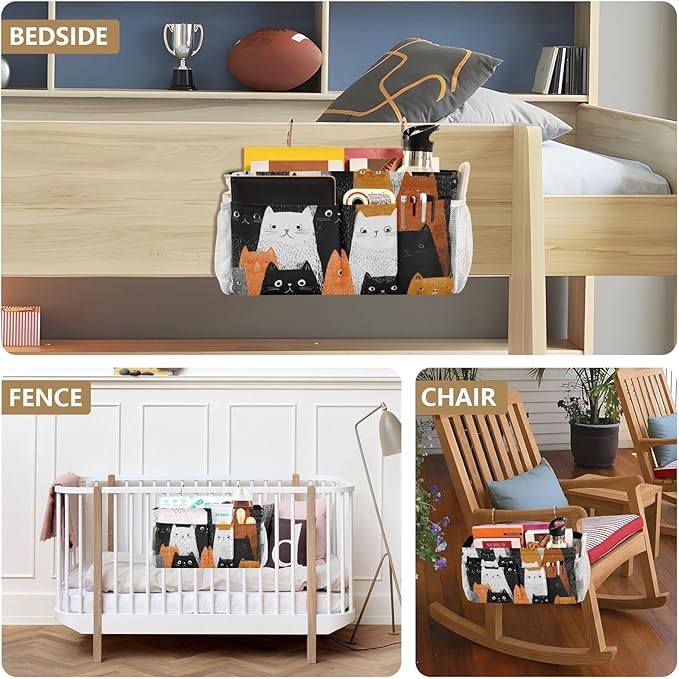Bedside Caddy Hanging Bunk Bed Caddy Bed Organizer Hanging Pocket with 2 Hooks Bedside Storage Organizer Pocket Bag Holder Black and White Orange Cat