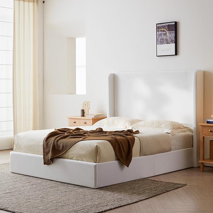 King Size Upholstered Bed Frame, 52.3" High Headboard Carmen Wingback Bed Frames, Tall Headboard Floor Platform Beds, No Box Spring Needed No Noise Minimalist Coconut Micro Suede, White