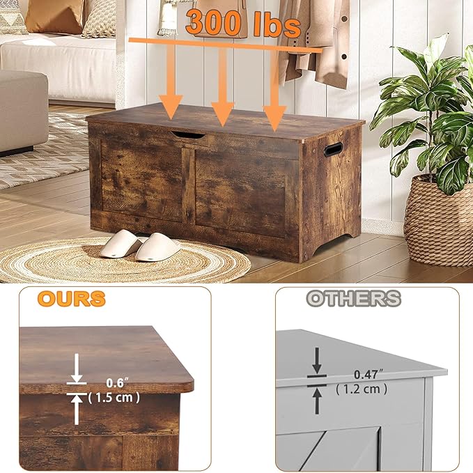 Timberer 39.4" Storage Chest, Wooden Storage Bench, Lift Top Toy Chest with 2 Safety Hinges, Large Toy Box, Entryway Bench for Living Room, Bedroom, Rustic Brown