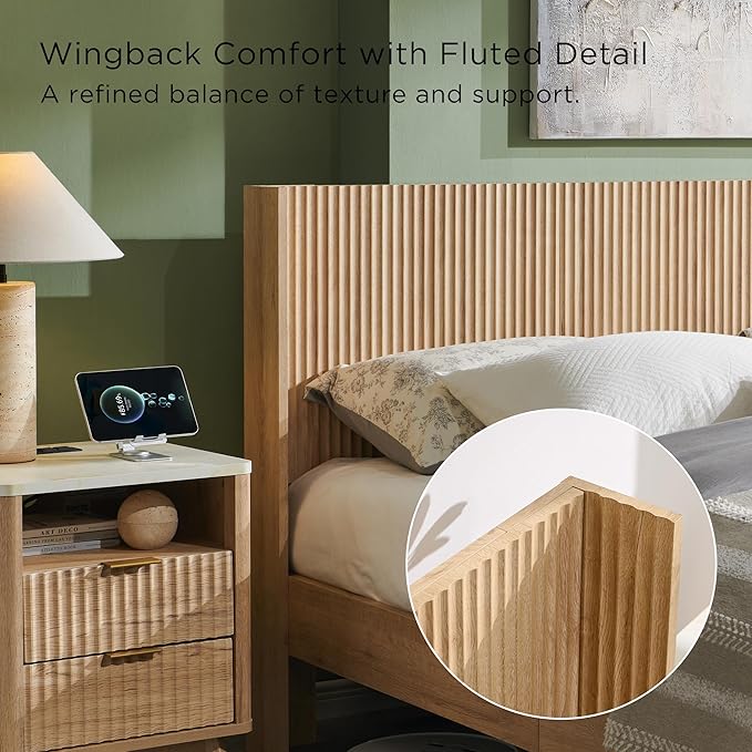 T4TREAM Fluted King Size Bed Frame with Wingback Headboard, Footboard Storage Bench with Built-in Drawers & Lift-Up Compartments, Wood & Steel Platform Bed, No Box Spring Needed, Natural Oak