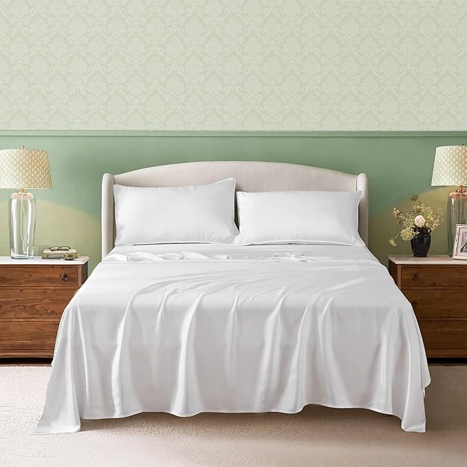 Linen World Cooling Bed Sheets Set Twin Size,100% Organically Grown Viscose Sheets,Deep Pocket Up to 16",3 Pieces Silky Soft,Breathable Bedding Sheets & Pillowcases(White,Twin)