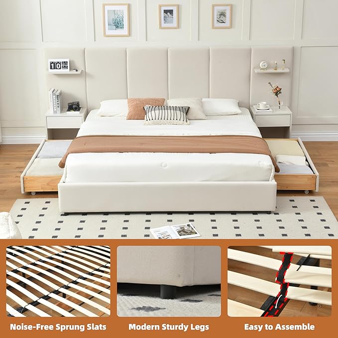 King Bed Frame with Storage & Built-in Nightstands, Velvet Upholstered Platform Bed Frame with Drawers & 2 Floating Storage Shelves, Noise-Free, No Box Spring Needed, Easy Assembly, Beige