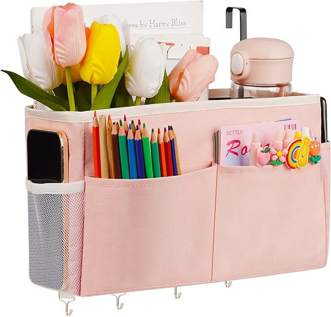 Bedside Storage Organizer 5 Pockets with 4 Hooks Hanging Storage Bag for Headboards/Bunk Bed (Pink)