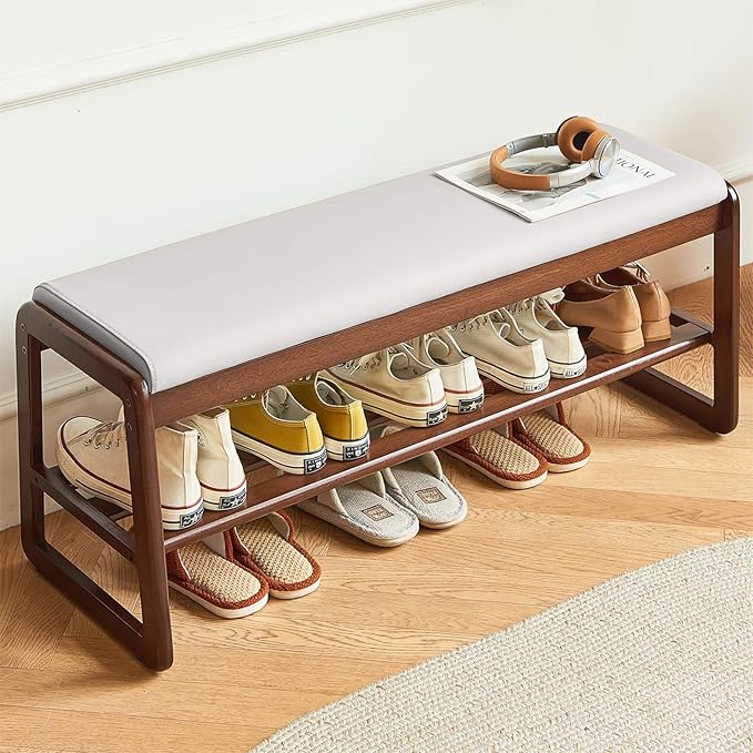 Solid Wood Shoe Bench, 2-Tier Wooden Storage Entryway Bench, Mid-Century Modern Shoe Bench Rack, End of Bed Bench with Faux Leather Cushion, Ottoman Bench for Hallway, Living Room (Cream Grey 39.7'')