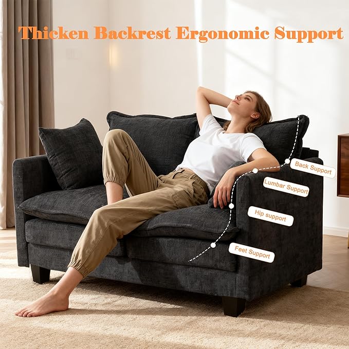Loveseat Sofa Cloud Sofa Couch 50'', Modern Loveseats 2 Seat Couch 27" Deep Seat with 2 Pillows for Small Spaces Apartment Studio Office Bedroom Living Room 8834-BLACK