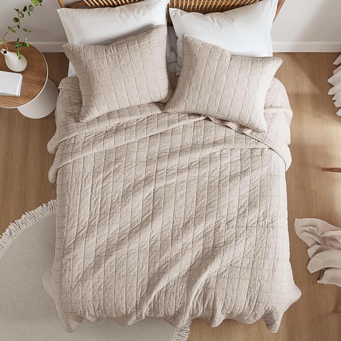 Hyde Lane Luxury Linen Quilt Set Queen Size, Organic European Flax Cotton Blend Bedding for Bedspread and Coverlet, Box Stitched, with 2 Pillow Shams, 90"x96", Linen