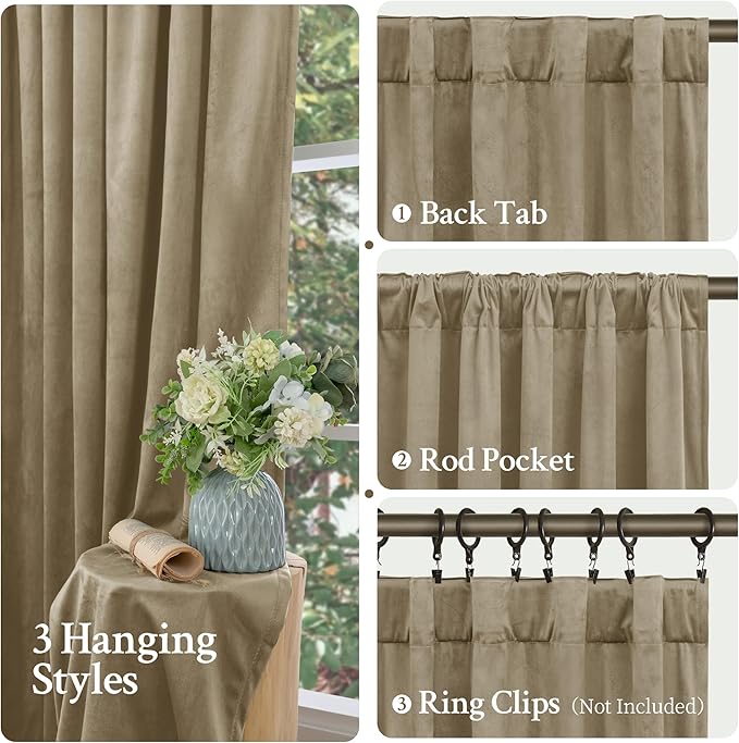 LAMIT Dark Taupe Velvet Curtains 84 Inch for Living Room, Thick Blackout Thermal Insulated Panels Room Darkening Country Decor Back Tab and Rod Pocket Drapes for Bedroom, 2 Panels, 52 x 84 Inch