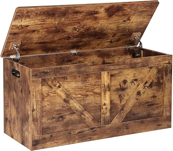 Timberer 39.4" Storage Chest, Wooden Storage Bench, Large Storage Trunk with 2 Safety Hinges, Entryway Shoes Bench for Living Room, Bedroom, Rustic Brown