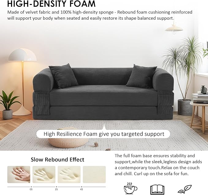 80" Convertible Sofa Bed, 3-in-1 Corduroy Folding Pull Out Couch with Pillows, No Assembly Modern Boneless Couch Compression Sofa in Box, Floor Sofa with Side Storage Pocket for Living Room,Dark Grey