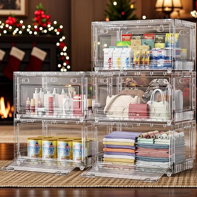 BROVIEW 240Qt Stackable Storage Bins with Lids Wheels, XL Clear Plastic Drawers Foldable Closet Organizers and Storage Cabinet Display Box Shelves with Front & Back Doors, for Home Office Garage,3Pack