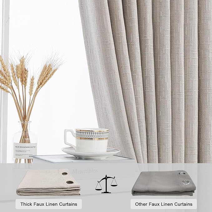 Linen Curtains 166 inch Length 2 Panels for High Ceiling Extra Long Thick Faux Linen Window Drapes Burlap Textured Curtains with Grommet for 2 Story High Living Room (52x166 Beige)