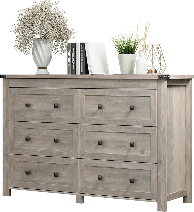 Dresser for Bedroom with 6 Drawers, Farmhouse Wood Chest of Drawers, Wide TV Stand Closet Storage Furniture with Metal Handle, Modern Clothes Organizer for Hallway, Living Room, Entryway, Light Grey