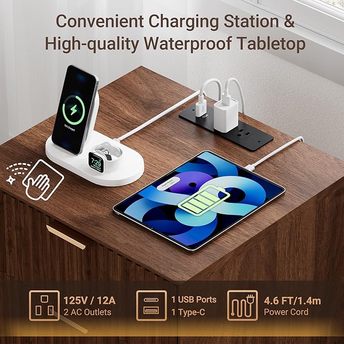 Fluted Nightstand, Night Stand Set 2, Nightstands Set of 2 with Beveled Edges & Solid Wood Legs, 2 Drawer Wooden End Table with Charging Station, Modern Bedside Table for Bedroom, Walnut
