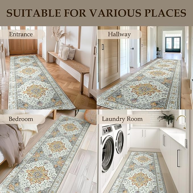Area Rugs 2'x6' Washable Non-Slip, Floral Vintage Distress Print Pattern Medallion Carpet for Living Room Bedroom Dining Room, Light Yellow Carbon Grey Orange