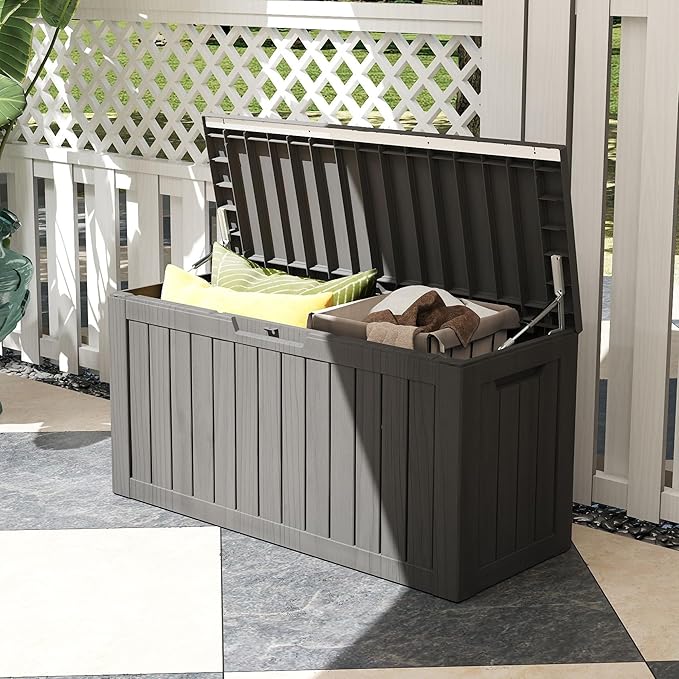 80 Gallon Outdoor Storage Box Waterproof, Resin Deck Boxes with Lockable Lid & UV-Resistant for Patio, Pool, Garden Furniture Cushions & Accessories, Coffee