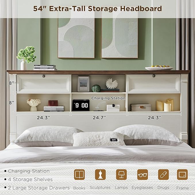 T4TREAM Farmhouse King Size Bed Frame with 54" Tall Headboard, Wood Platform Bed Frame with 18" Tall Roman Column Decoration Footboard & 2 Large Storage Drawers, No Box Spring Needed(Antique White)