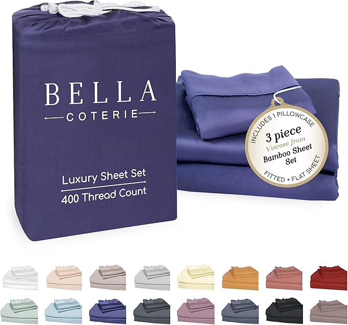 Bella Coterie Luxury Bamboo Viscose Twin Size Sheet Set | 100% Organically Grown | Ultra Soft | Cooling for Hot Sleepers | 18" Deep Pocket [Twilight Blue]