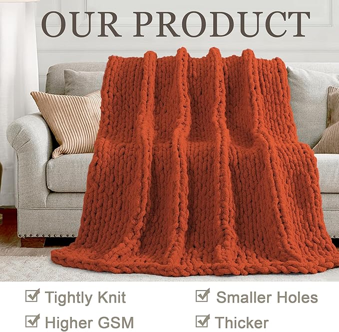 Chunky Knit Throw Blanket 50"X 60", 100% Handmade with Soft Chenille Yarn, 4.4lbs Thick Cable Knitted Blankets, Large Rope Knot Crochet Throws for Couch Sofa Bed Home Decor, Rust