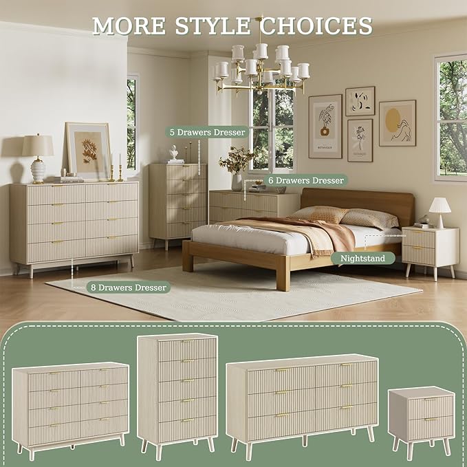 LYNSOM Fluted Dresser and Nightstand Sets 3 Piece, 6-Drawers Dresser and 1-Drawer Nightstands Set of 2, Wood Bedroom Furniture Set for Home, Bedroom, Hallway, Beige