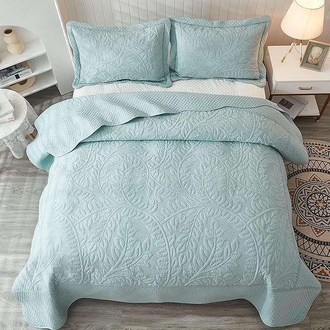 MarCielo 100% Cotton Quilt Set - 3-Piece Embroidered Farmhouse Bedspread & Shams, All-Season Breathable Bedding(Aruba Blue,King)