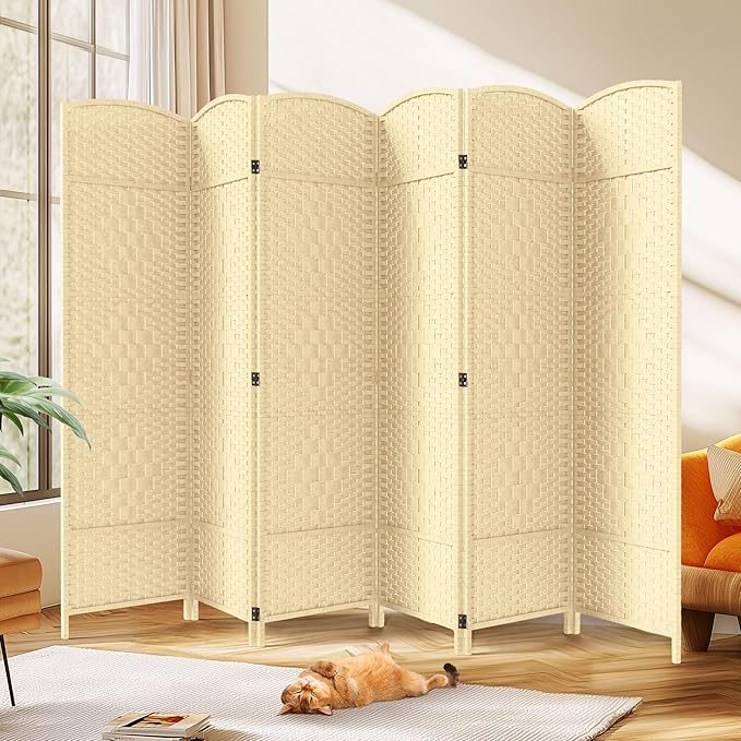 JOSTYLE 6ft. Tall Extra Wide , Folding Privacy Screens with Diamond Double-Weave and Freestanding Room Dividers (Ivory, 6-Panel)