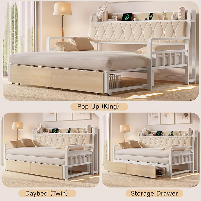 ONBRILL Twin Daybed with Trundle, Twin to King Daybed with Pop up Trundle, Metal Twin Day Bed Frame with Storage Drawers, Upholstered Headboard & Power Outlet for Living Room & Guest Room, White