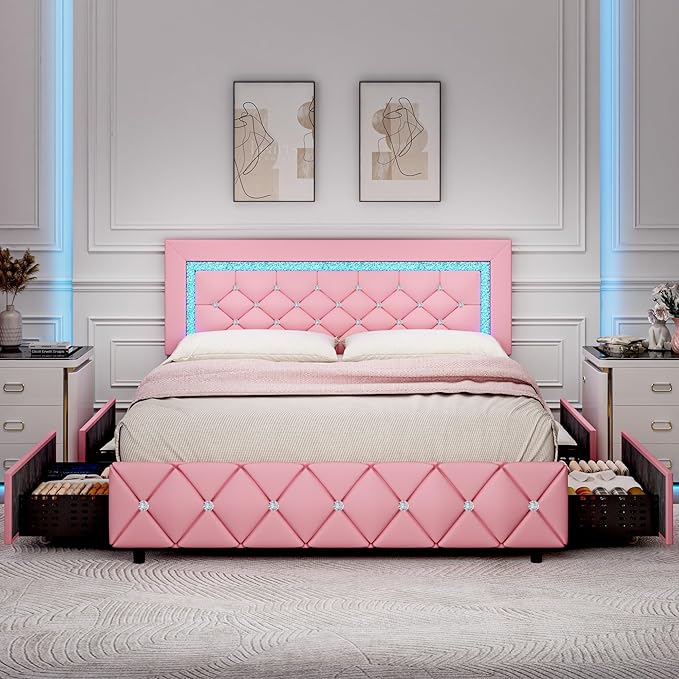 BarnFurin Full Size Bed Frame with LED Lights, Upholstered Bed Frame with Storage Drawers, Princess Platform Bed with Diamond Headboard and Footboard, No Box Spring Needed, Pink