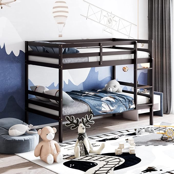 KOMFOTT Wood Bunk Bed Twin Over Twin, Bunk Bed with Ladder & Safety Guardrail, Solid Wood Bed Frame, Ideal for Dormitory & Multiple-Child Family, No Box Spring Needed, Kids Twin Bed