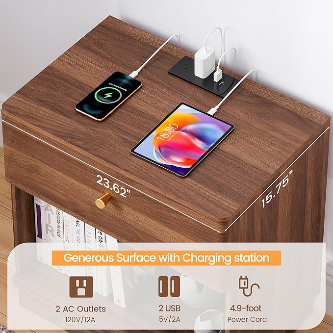 Narrow Nightstand Set of 2, Wooden Small 2 Drawer Nightstand, Slim Side End Table, Skinny Bedside Table, Mid Century Modern Night Stand with Drawers, for Living Room (Walnut-Charging Station-2 pcs)