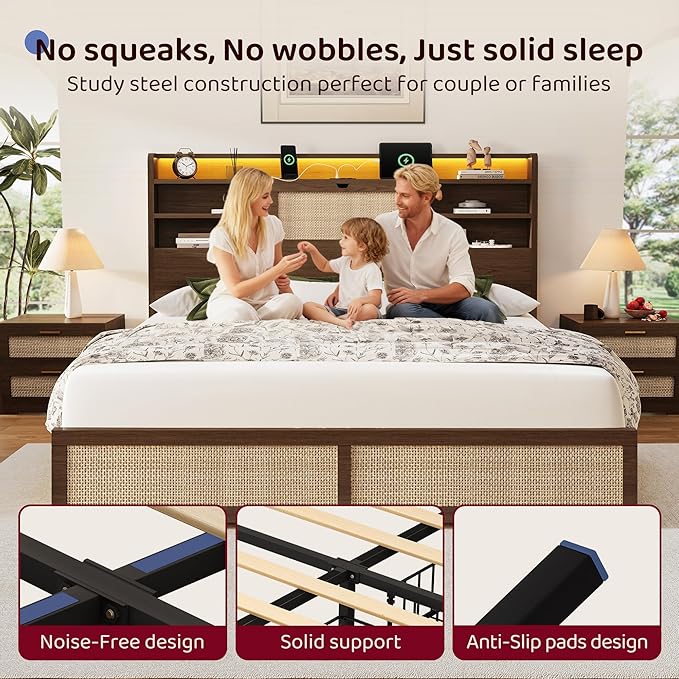 King Size Rattan Bed Frame with 4 Storage Drawers and Hidden Storage Headboard Wooden Platform Bed Frame with LED Lights and Charging Station, No Box Spring Needed, Easy Assembly, Brown