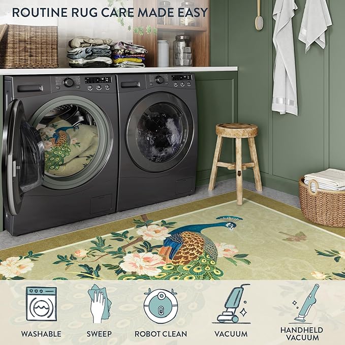 Lahome Peacock Washable Rugs 5x7, Soft 5x7 Rugs for Living Room Bedroom, Floral Vintage Non-Slip Low Pile Stain Resistance Carpet for Farmhouse Dining Room Office, Beige