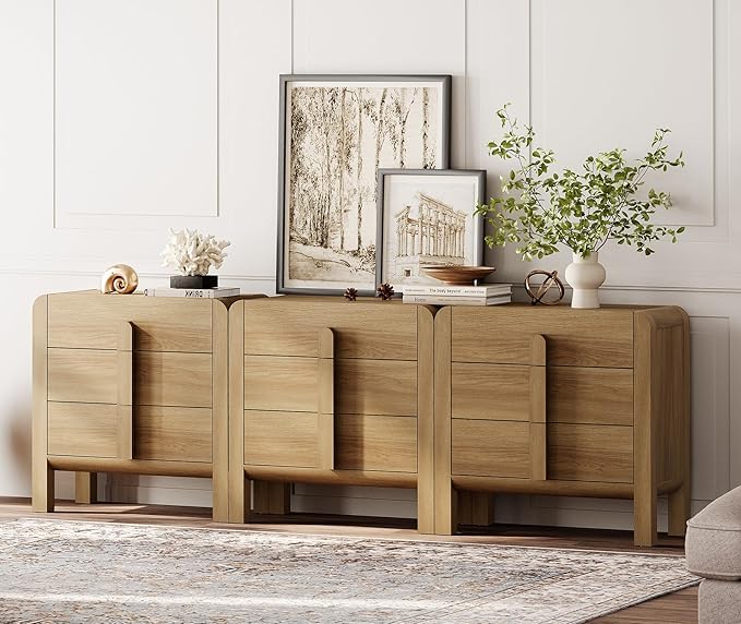 WAMPAT 3 in 1 9 Drawer Dresser for Bedroom, 94.5" Wide Mid Century Modern Wide Chest of Drawer, Wood Tall Nightstand with Curved Edge Handles, Closet Dresser TV Stand for Bedroom, Light Walnut