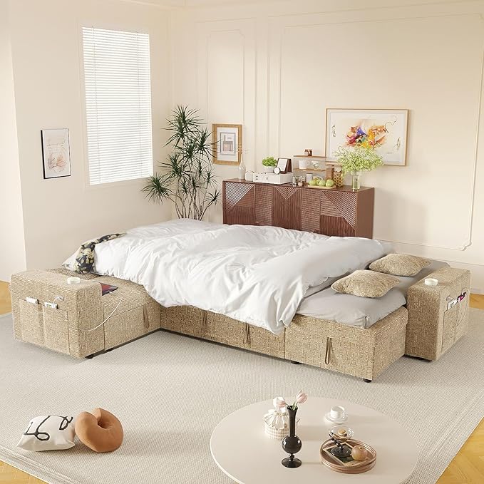 Modular Sectional Sleeper Sofa with Pull Out Bed, 108 Inch U Shaped 7 Seat Sectional Couches for Living Room, Sofa Bed with Adjustable Backrest | Hidden Storage | Wide Armrest | Khaki