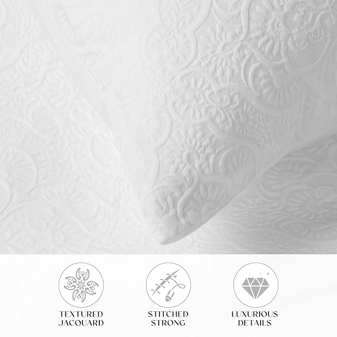 Superior 3 Piece Bedspread Set, Home Bed Decor, Decorative Bed Spread, 2 Pillow Shams, Medium Weight Blanket, Floral Matelasse Coverlet, Bedding Essentials, Enzy Collection, Queen, White