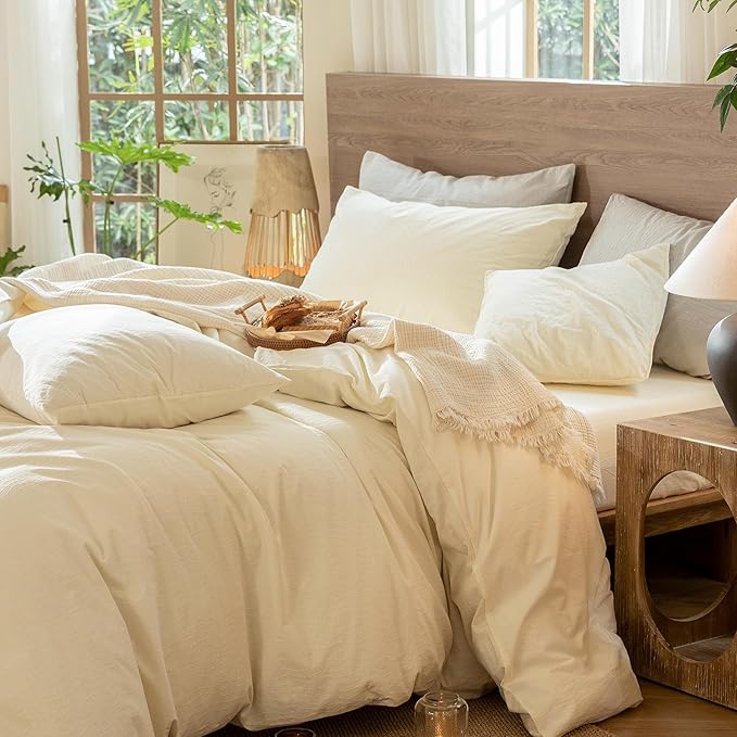 MooMee Wavy Striped Duvet Cover Set 100% Washed Cotton Linen Like Textured Breathable Durable Soft Comfy (Cream White, Super King Plus 120"x120")